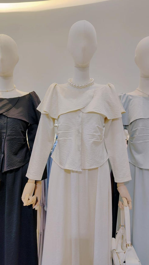 Wide Boat Neck Draped Tops With Skirts